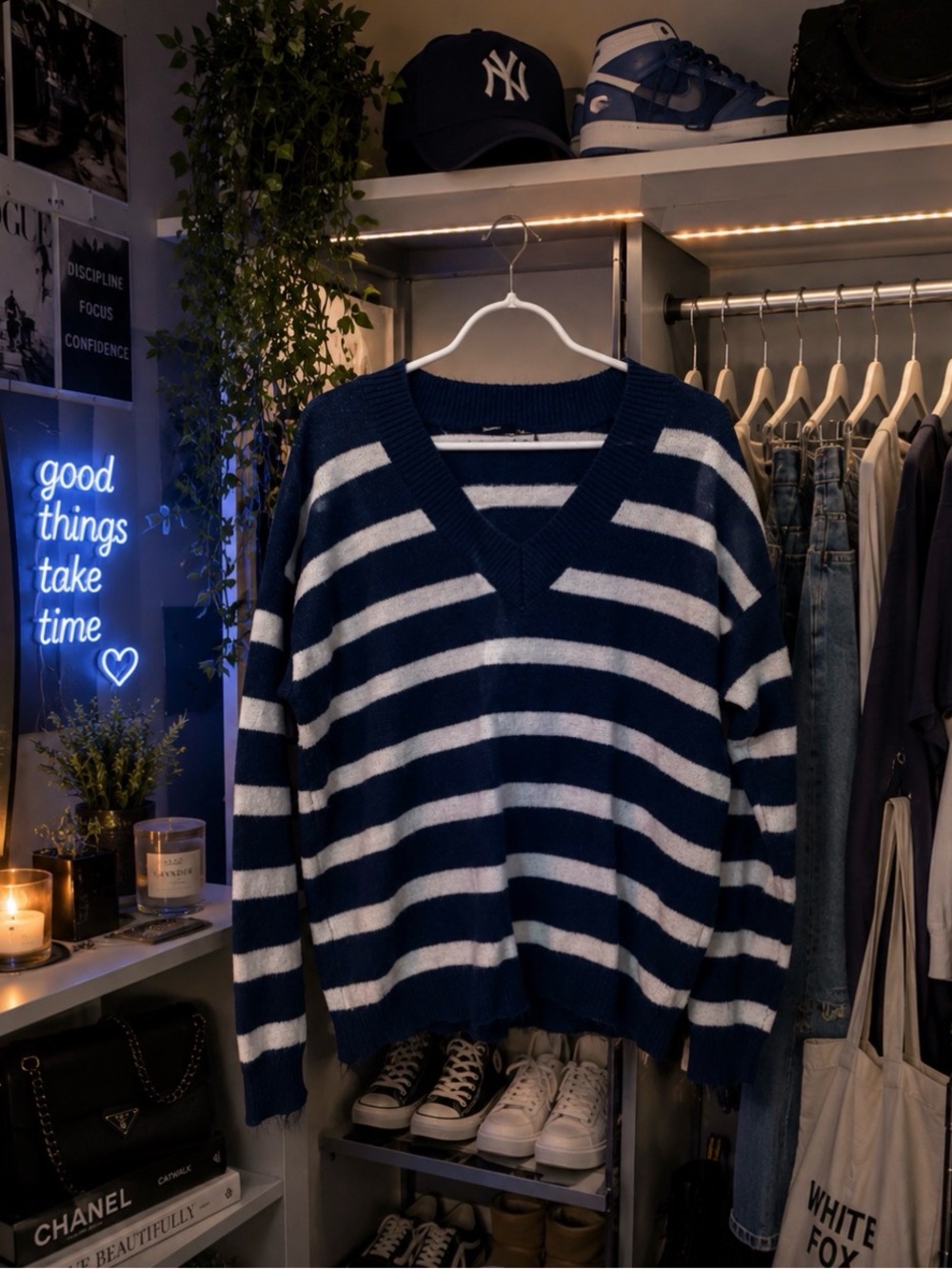 Bluenotes Navy and White Striped V-Neck Sweater Blue and White